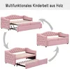 A collage showing a pink upholstered daybed in different configurations, illustrating its transformation into a bed. Produktbild-Vorschau