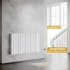 A white radiator mounted on a tiled wall, with a close-up inset showing product details. Podgląd zdjęcia produktu