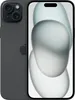 A dark gray iPhone 15 Plus is shown from the back and front, displaying its camera system and screen. Produktbild-Vorschau