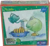 A puzzle box featuring a cartoon illustration of a frog giving a striped creature a bath. Produktbild-Vorschau
