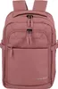 A close-up studio shot of a rose-colored backpack.