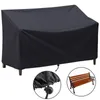 A black outdoor bench cover is shown draped over a bench, with a close-up of the drawstring closure and a separate image of an uncovered wooden bench. Produktbild-Vorschau