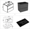 A collage of technical drawings and 3D renders of a bathroom vanity and sink. Produktbild-Vorschau