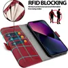 A red flip case for an iPhone 13 Mini, showing its card slots and RFID blocking feature. Náhľad obrázku produktu