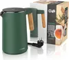 A green electric kettle with a wood-effect handle is displayed next to its packaging, which features an image of tea. Podgląd zdjęcia produktu