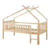 A wooden house bed frame with a slatted base and a built-in guardrail. Voir les images du produit