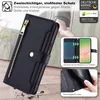 A black phone case with a zipper and card slots is shown, with additional marketing images and text. Produktbild-Vorschau