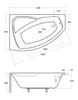 Technical drawing of a bathtub with dimensions. Podgląd zdjęcia produktu