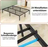 A metal bed frame is shown in two views: a full view in a room and a close-up of its construction. Text overlays describe features. Náhľad obrázku produktu