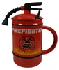 A red mug designed to look like a fire extinguisher, with the word "FIREFIGHTER" printed on it. Produktbild-Vorschau