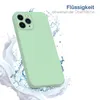 A light green phone case is shown with water splashing around it, suggesting water resistance. Produktbild-Vorschau