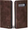 A brown leather flip case for a smartphone is shown from two angles. Produktbild-Vorschau