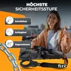 A woman gives a thumbs up next to a chain lock for an e-scooter, with feature callouts. Produktbild-Vorschau