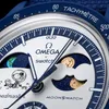 A close-up view of a Swatch x Omega MoonSwatch watch face, featuring Snoopy in a spacesuit. Produktbild-Vorschau