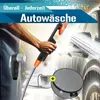 A person is using a portable car washing device with a brush head to wash a car, with a bucket and a storage bag also visible. Produktbild-Vorschau