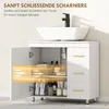A white bathroom vanity with an open cabinet, showing storage and a sink on top. Produktbild-Vorschau