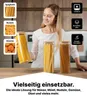 Frau hält einen hohen klaren Glas-Aufbewahrungsbehälter mit Bambusdeckel, gefüllt mit Spaghetti, mit zwei weiteren ähnlichen Behältern auf einer Holztheke und grafischen Overlays, die andere Lebensmittel und Produkteigenschaften zeigen Produktbild-Vorschau