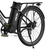 A close-up view of the rear wheel, battery, and rack of a black electric bicycle. Voir les images du produit