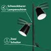 A floor lamp with two adjustable lamp heads against a green background, with text overlays highlighting features. Náhled obrázku produktu