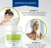 Marketing image showing how to use a skincare product, with product packaging and two lifestyle shots of people applying the cream. Produktbild-Vorschau