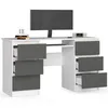 A white and dark gray desk with a monitor, keyboard, and books. Produktbild-Vorschau