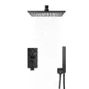 A black shower system with a rain showerhead, a control panel, and a handheld showerhead, shown against a white background with water droplets. Náhled obrázku produktu