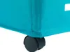 A close-up view of the bottom corner of a teal fabric laundry basket with a black wheel. Produktbild-Vorschau