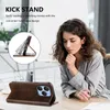 A woman is looking down at a table, with a phone case and a diagram of a phone case on a stand in the foreground. Produktbild-Vorschau