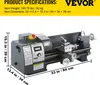 A VEVOR mini metal lathe with product specifications and dimensions indicated. Voir les images du produit