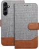A flip-style phone case with a textured gray fabric exterior and brown faux leather accents. Anteprima dell’immagine prodotto