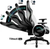 A black gaming chair is shown with various reclining positions indicated by arrows and text labels. Voir les images du produit