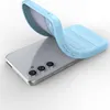 A light blue phone case is shown partially covering a silver smartphone. Produktbild-Vorschau