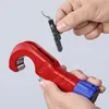 Hands holding a red pipe cutter and a small black part. Produktbild-Vorschau