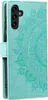 A teal flip case for a Samsung Galaxy A54 5G phone with a mandala embossed design. Produktbild-Vorschau