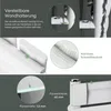 Collage of images showing details of a white radiator, including mounting hardware, welding technique, and dimensions. Produktbild-Vorschau