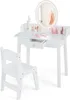 A white wooden vanity table and chair set for children, with a lighted mirror and accessories. Voir les images du produit