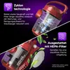 A split image showing two views of a red vacuum cleaner with text overlays describing its features. Produktbild-Vorschau