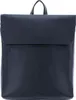 A dark blue leather backpack is shown from the front against a white background.