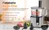 A food processor with various attachments and ingredients displayed in front of a blurred kitchen background. Produktbild-Vorschau