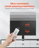 A hand holding a remote control in front of a TV screen displaying up and down arrows, with text overlay about a convenient movie watching experience. Produktbild-Vorschau