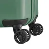 A close-up view of the wheels and bottom corner of a green suitcase. Produktbild-Vorschau