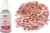 A bottle of rose water and a pile of dried rose petals are shown side-by-side against a white background. Podgląd zdjęcia produktu