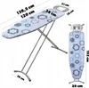 An ironing board with dimensions indicated by text overlays. Produktbild-Vorschau