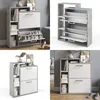 A collage of four images showing a modern shoe cabinet with a concrete and white finish. The cabinet features multiple storage compartments, including flip-down drawers for shoes and shelves for other items. Some images show the cabinet in a room setting w Produktbild-Vorschau