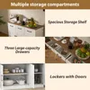A collage of images showcasing the storage features of a white buffet cabinet with a brown top. Podgląd zdjęcia produktu
