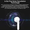 A white wireless earbud is shown against a dark background with abstract sound wave graphics. Produktbild-Vorschau
