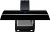 A black kitchen range hood with a silver accent strip and a black chimney extension, shown against a white background. Produktbild-Vorschau