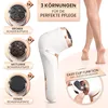 A product shot of an electric callus remover with close-ups of its attachments and a partial view of a person's legs. Produktbild-Vorschau