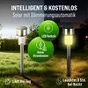 A split image showing solar garden lights during the day (left) and at night (right), with feature callouts. Produktbild-Vorschau