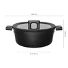 A black cooking pot with a glass lid and handles, shown from the side with dimensions indicated. Podgląd zdjęcia produktu